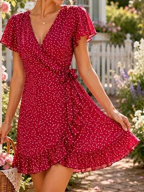Relipop Red Polka Dot Wrap Dress Ruffle Hem Flutter Sleeve Women’s Large L